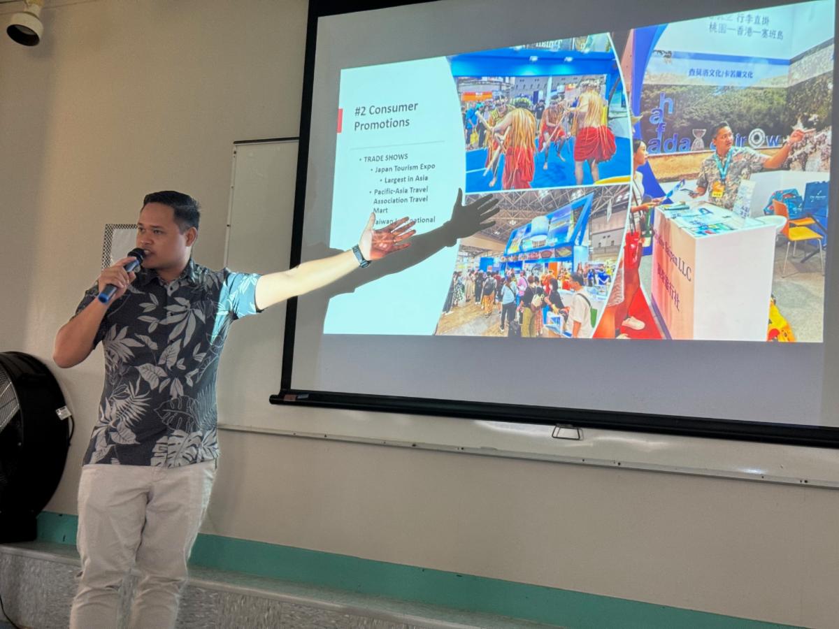 Marianas Visitors Authority Community Projects Specialist Jack Aranda teaches about the work of MVA at Dandan Middle School on Oct. 30, 2024, at the school in Dandan, Saipan.