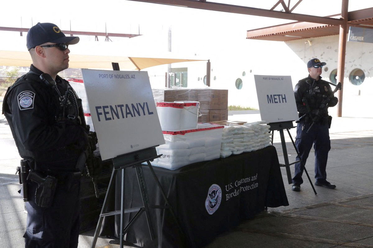Packets of fentanyl mostly in powder form and methamphetamine, which U.S. Customs and Border Protection say they seized from a truck crossing into Arizona from Mexico, is on display during a news conference at the Port of Nogales, Arizona, Jan. 31, 2019.