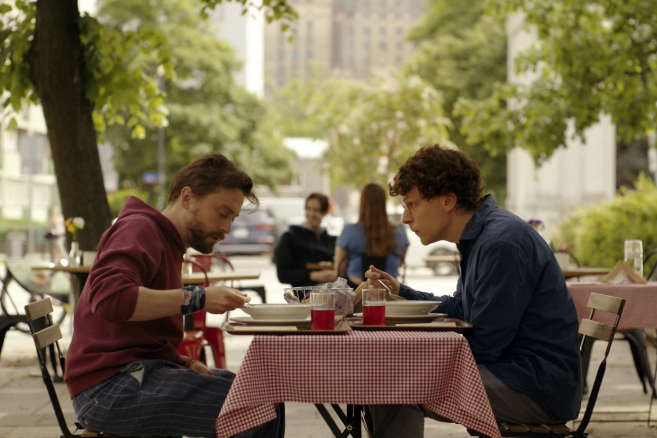 Kieran Culkin, left, and Jesse Eisenberg in a scene from “A Real Pain.”