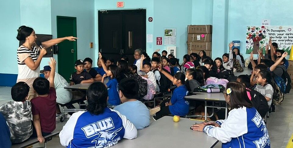 Kagman Elementary School students respond during a presentation about local tourism industry by the Marianas Tourism Education Council and the Marianas Visitors Authority at the school on Nov. 20, 2024.