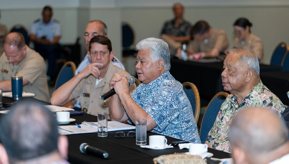 Commonwealth of the Northern Mariana Islands Gov. Arnold L. Palacios speaks with Department of Defense officials, local government, and federal agencies during the CNMI Stakeholders Meeting in Saipan, Nov. 20.