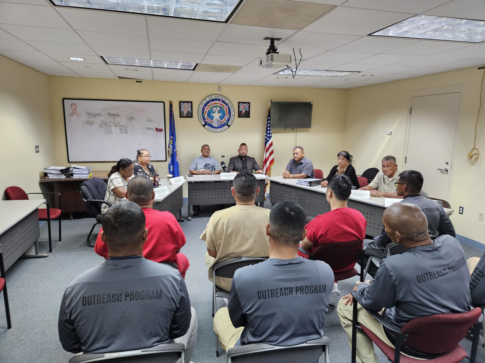 The CNMI Parole Board and Corrections Commissioner Anthony Torres conduct a press conference on Thursday regarding the eight inmates who were granted parole.