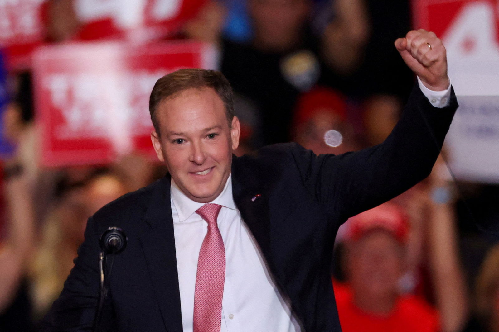 Former U.S. Rep. Lee Zeldin gestures at the Nassau Veterans Memorial Coliseum during a rally held by Republican presidential nominee Donald Trump, in Uniondale, New York, Sept. 18, 2024. 