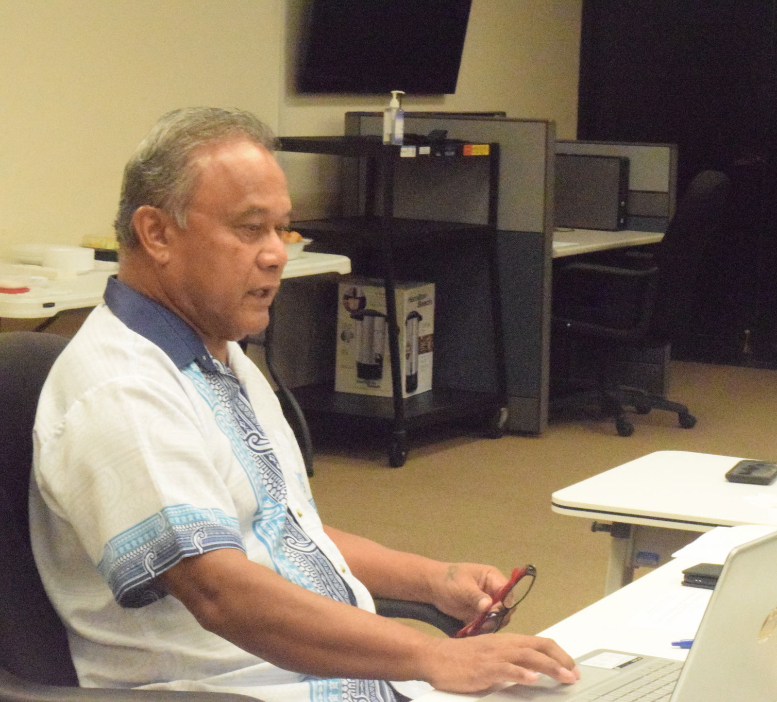 Commonwealth Ports Authority Board Chair Ramon Tebuteb speaks during a special meeting on Oct. 30, 2024 in the Aircraft Rescue and Firefighting classroom of the Francisco C. Ada/Saipan International Airport.