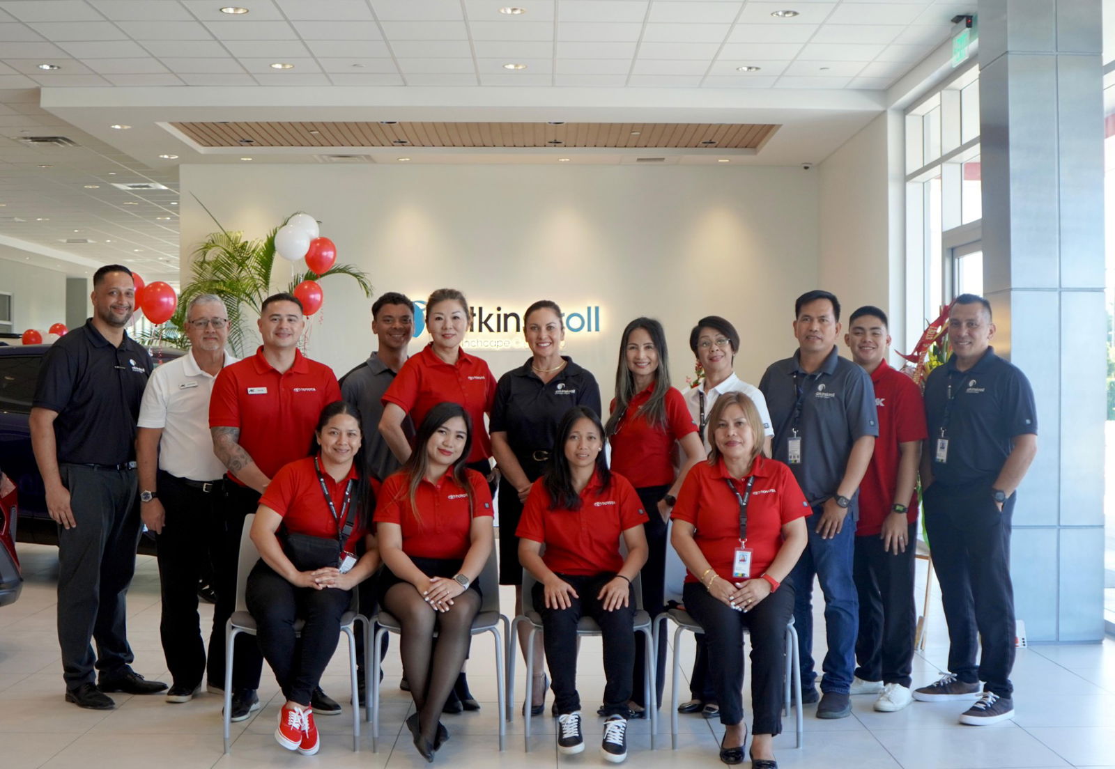 Standing, from left, Atkins Kroll Sales and Rental Manager Kevin Barnes; Business Manager for F&I Sales Joaquin Blanco; Toyota Sales Associate Kevin Ada; Warehouse Specialist & HSE Champion Dexter Brennan; Toyota Sales Associate Junping Woodruff; General Manager of Atkins Kroll Saipan Tracy Guerrero; Toyota Sales Associate Liza Taylor; Business Manager F&I Sales Maria Berueco; Estimator Nestor Arreza; Toyota Service Advisor Jediael Manalo; Aftersales Manager Vincent Tudela. Seated, from left, Toyota Service Advisor Bridget Basa; Toyota Sales Associate Kimmy Calage; Rental Agent Jeralyn Castillo; and TRAC Supervisor Melanie Maala.AK photo