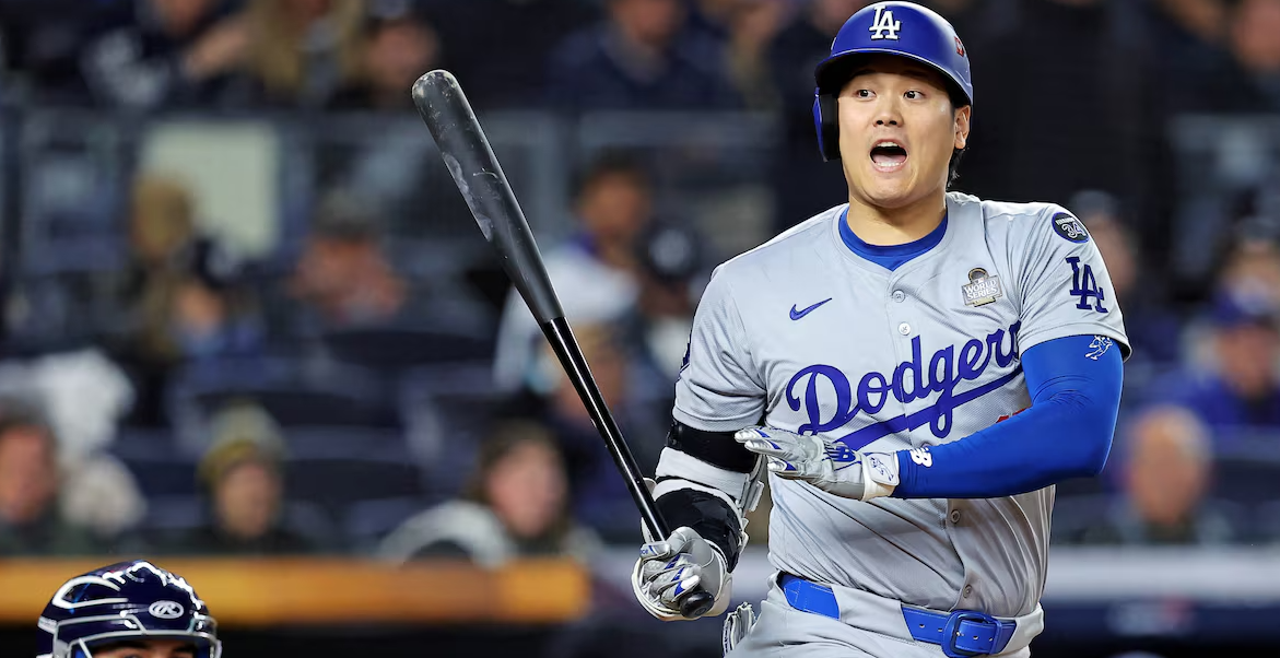Los Angeles Dodgers two-way player Shohei Ohtani (17) reacts hitting a foul ball into the New York Yankees dugout during the seventh inning in game three of the 2024 MLB World Series at Yankee Stadium in New York, Oct. 28, 2024.