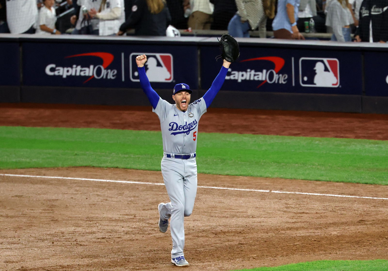 Los Angeles Dodgers first baseman Freddie Freeman celebrates after the final out against the New York Yankees during game five of the 2024 MLB World Series at Yankee Stadium, the Bronx, New York, Oct. 30, 2024.