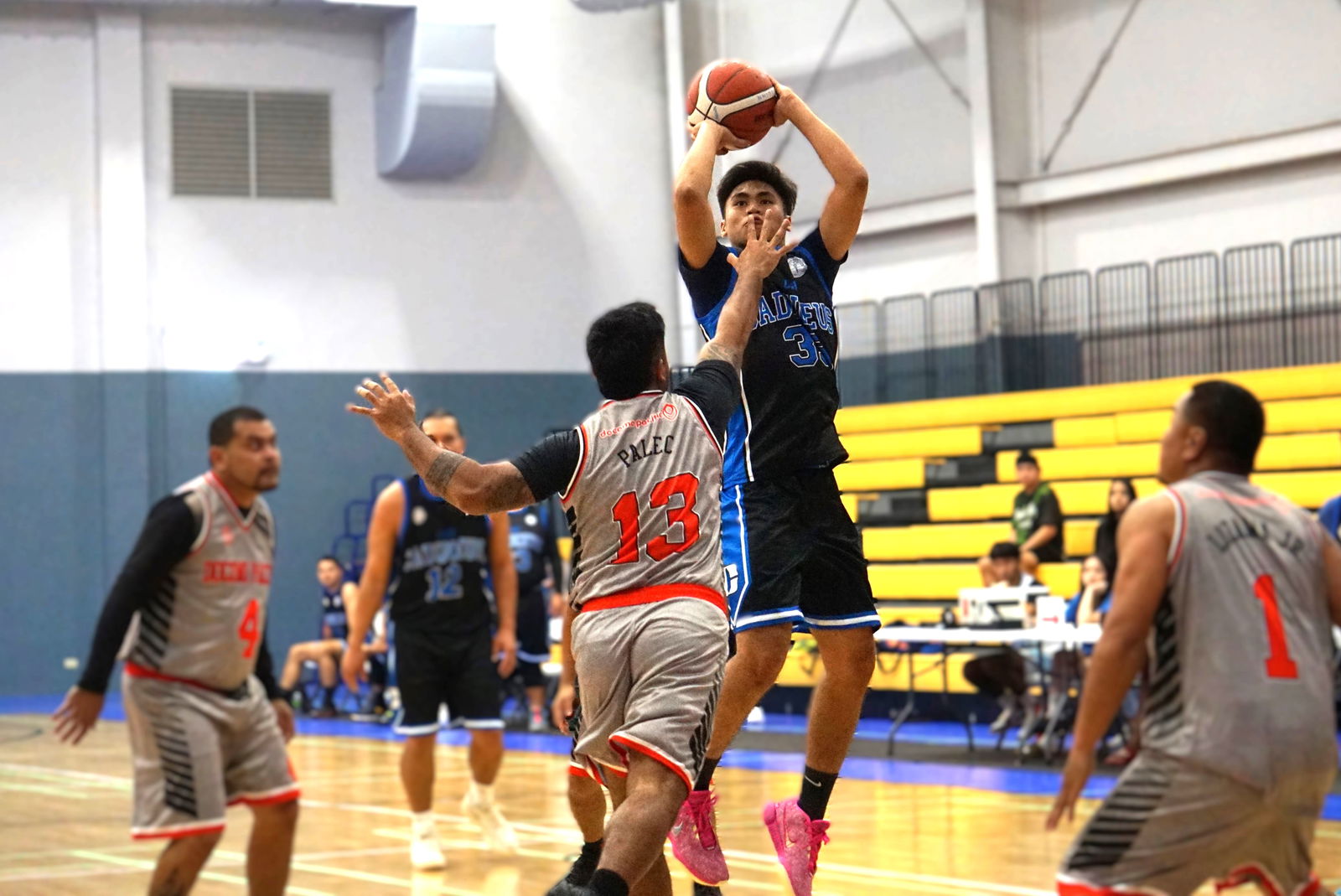 CHCC's Sean Apasan pulls up for the midrange jumper during a game against Docomo in the 2024 R&J Wine and Liquor Inter-Government/Business League at the Ada gym on Tuesday.