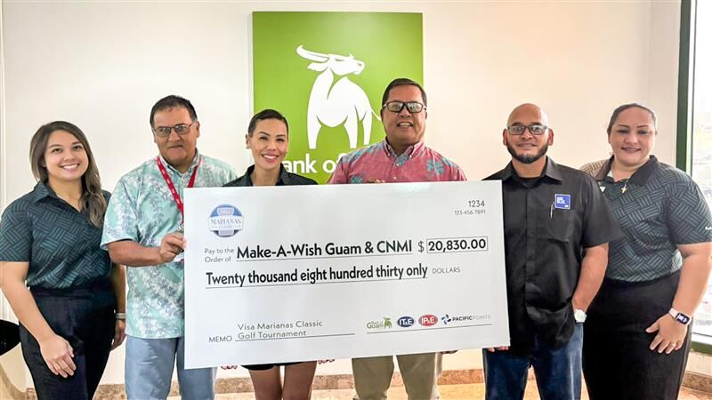 In the spirit of community partnership, Bank of Guam, IP&E, IT&E and Pacific Points donated $20,830 from the Visa Marianas Classic to Make-A- Wish Guam and CNMI. Pictured, from left, Kaye Tenorio, Credits Officer IV, Bank of Guam; Jack Salas, Terminal Manager, Saipan, IP&E; Lesley Leon Guerrero, Senior Vice President, Chief Experience Officer, Bank of Guam and Board Treasurer, Make-A-Wish Guam and CNMI; Jay Santos, General Manager Wholesale Foods, Triple J Five Star and Board Director, Make- A-Wish Guam and CNMI; Paul Guerrero, Enterprise Sales Assistant Manager, IT&E; and Tania David, Vice President, Branch Manager, Bank of Guam.Contributed photo