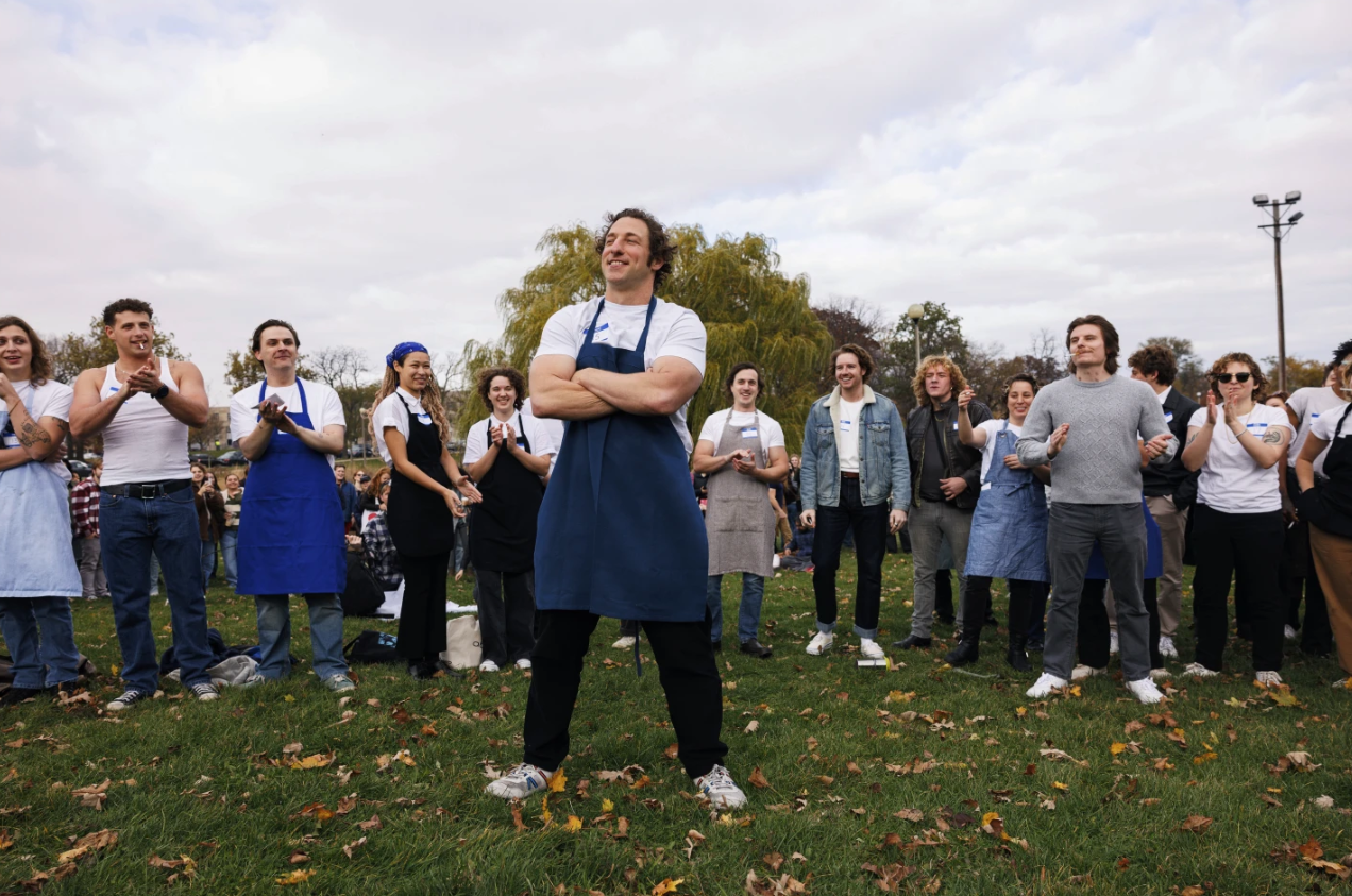 The winner, Ben Shabad, stands in front to cheers while attendees vote during a Jeremy Allen White lookalike contest at Humboldt Park, Saturday, Nov. 16, 2024 in Chicago.
