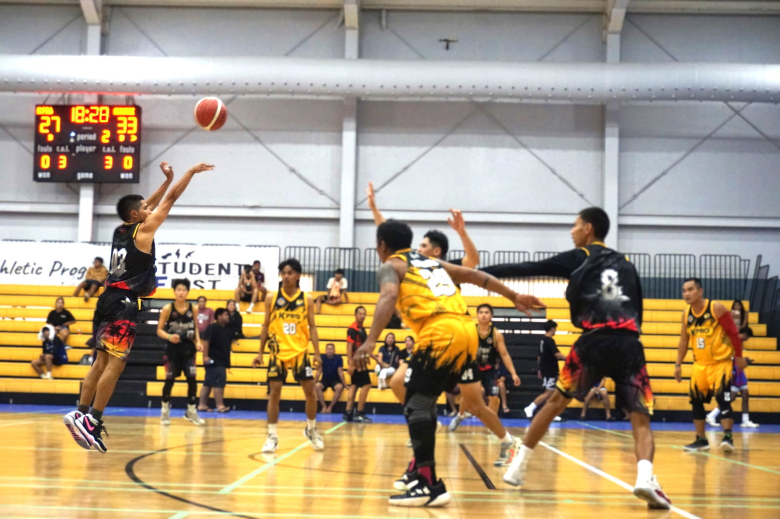 Akarri 1's Gerald Mamis pulls up for a three-pointer shot during a game against K-Pro in the open division of the 2nd Saipan Magalahi Eagles Club – Saipan MagaHaga Lady Eagles Group Basketball Tournament at the Ada gym on Sunday.