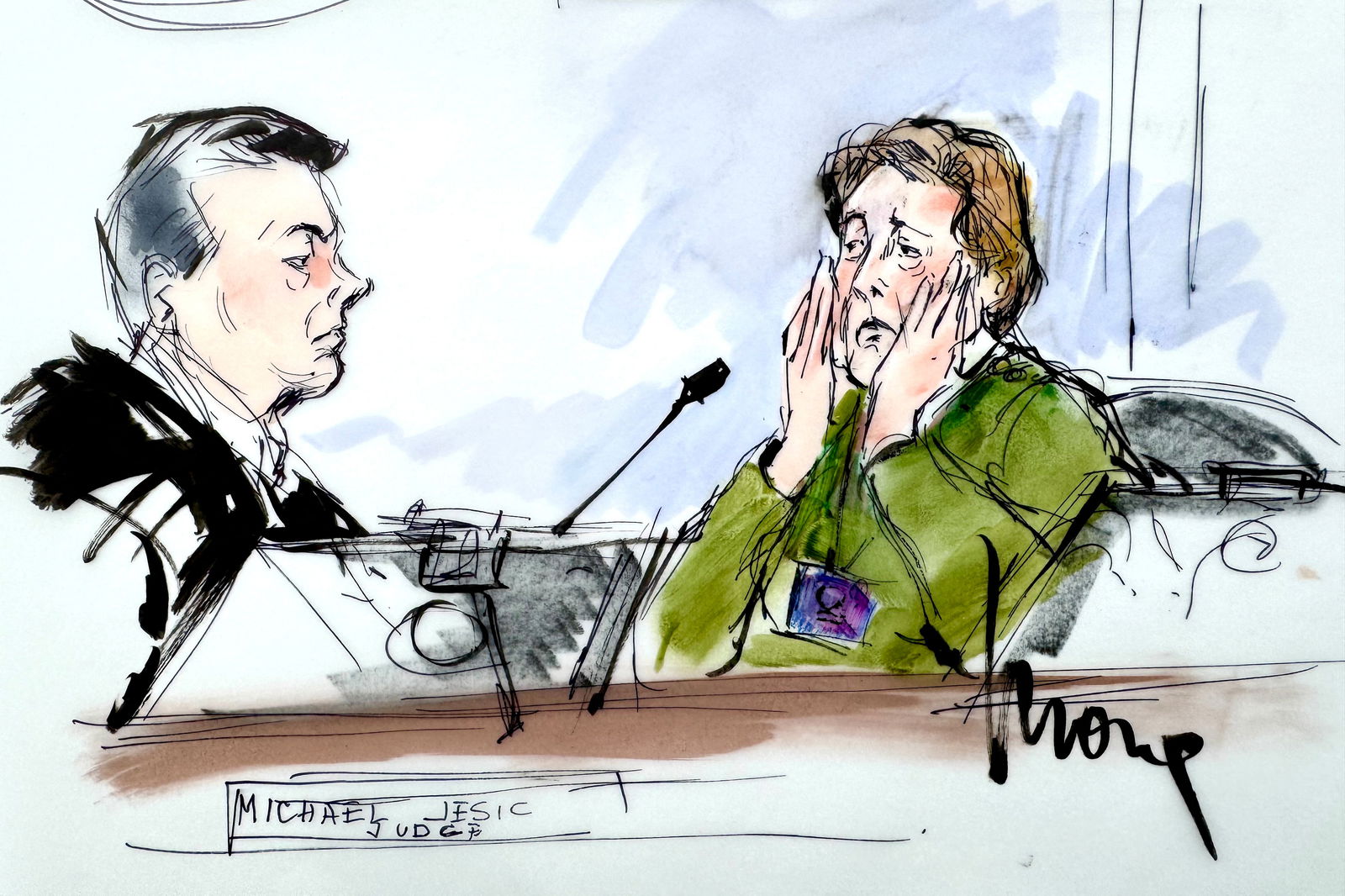 Teresita Baralt, the older sister of victim Jose Menendez, speaks before Superior Court Judge Michael Jesic during a hearing over the possible release of Lyle and Erik Menendez after 35 years in prison for the shotgun murder of their parents, in a courtroom sketch in Los Angeles, California, Nov. 25, 2024.