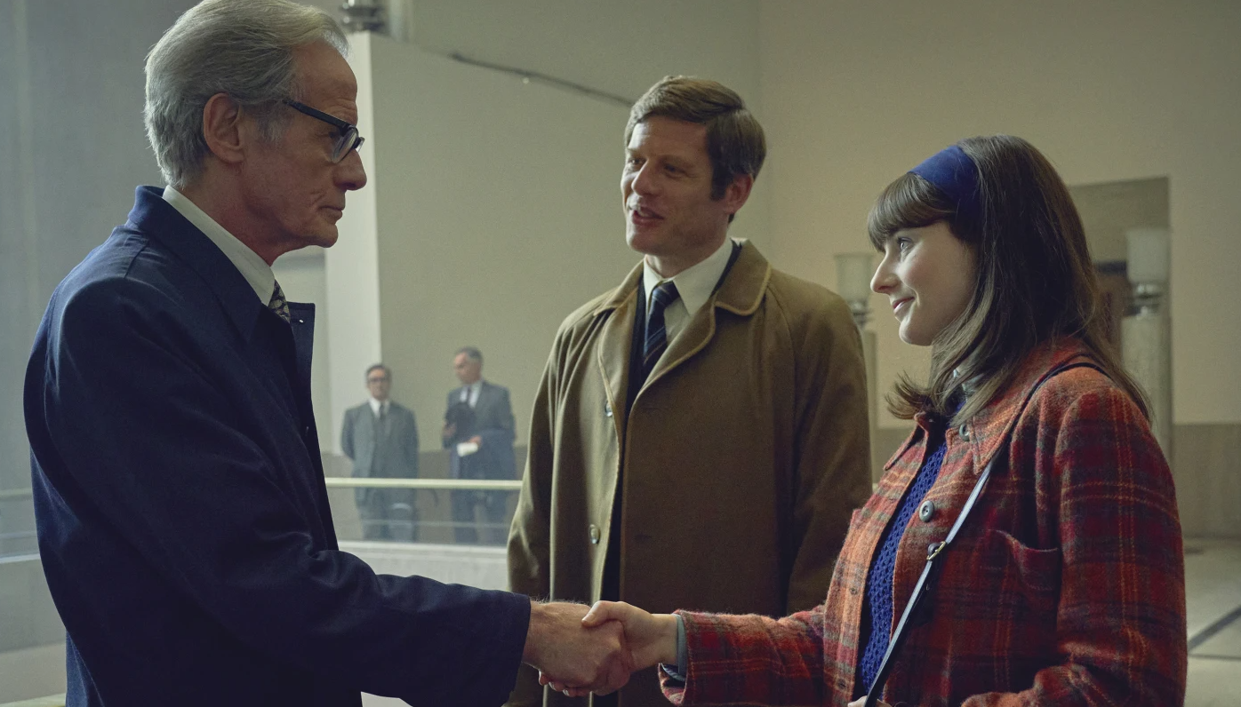 Bill Nighy, left, with James Norton and Thomasin McKenzie in a scene from “Joy.”