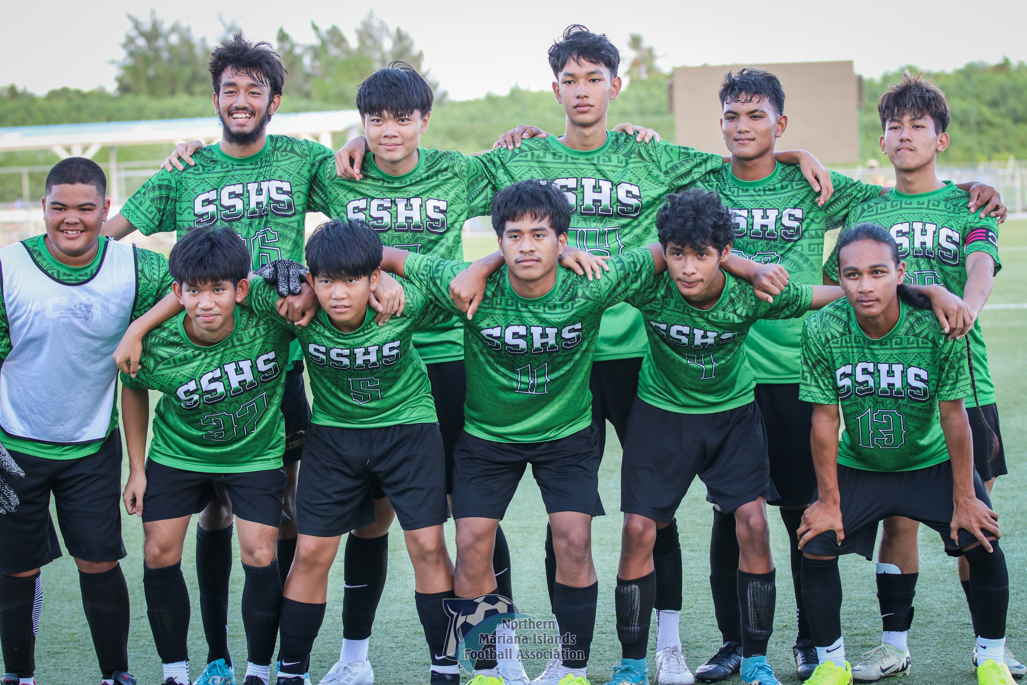 The Saipan Southern High School team members pose for a photo before their opening match in the boys high school division of the PSS-NMIFA Interscholastic Soccer League SY24-25 at the NMI Soccer Training Center on Monday. 