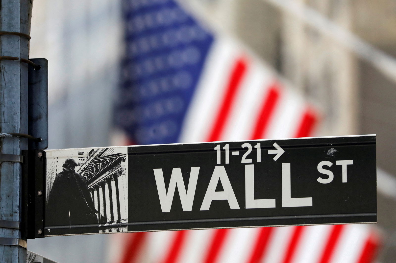 A street sign for Wall Street is seen outside the New York Stock Exchange in New York City, July 19, 2021.