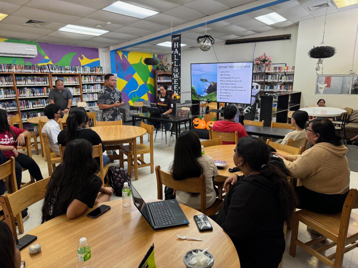 Marinas Visitors Authority Community Projects Specialist Jack Aranda teaches about the work of MVA to the Saipan Southern High MY WAVE Club on Oct. 30, 2024, at the school in Koblerville, Saipan. MVA and the Marianas Tourism Education Council visited the school to share about the importance of tourism and how students can support the industry.