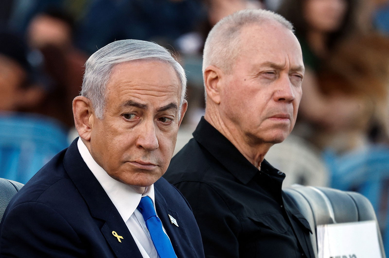 Israeli Prime Minister Benjamin Netanyahu and Israeli Defense Minister Yoav Gallant attend a ceremony for the 70th cohort of military combat officers, at an army base near Mitzpe Ramon, Israel, Oct. 31, 2024. 