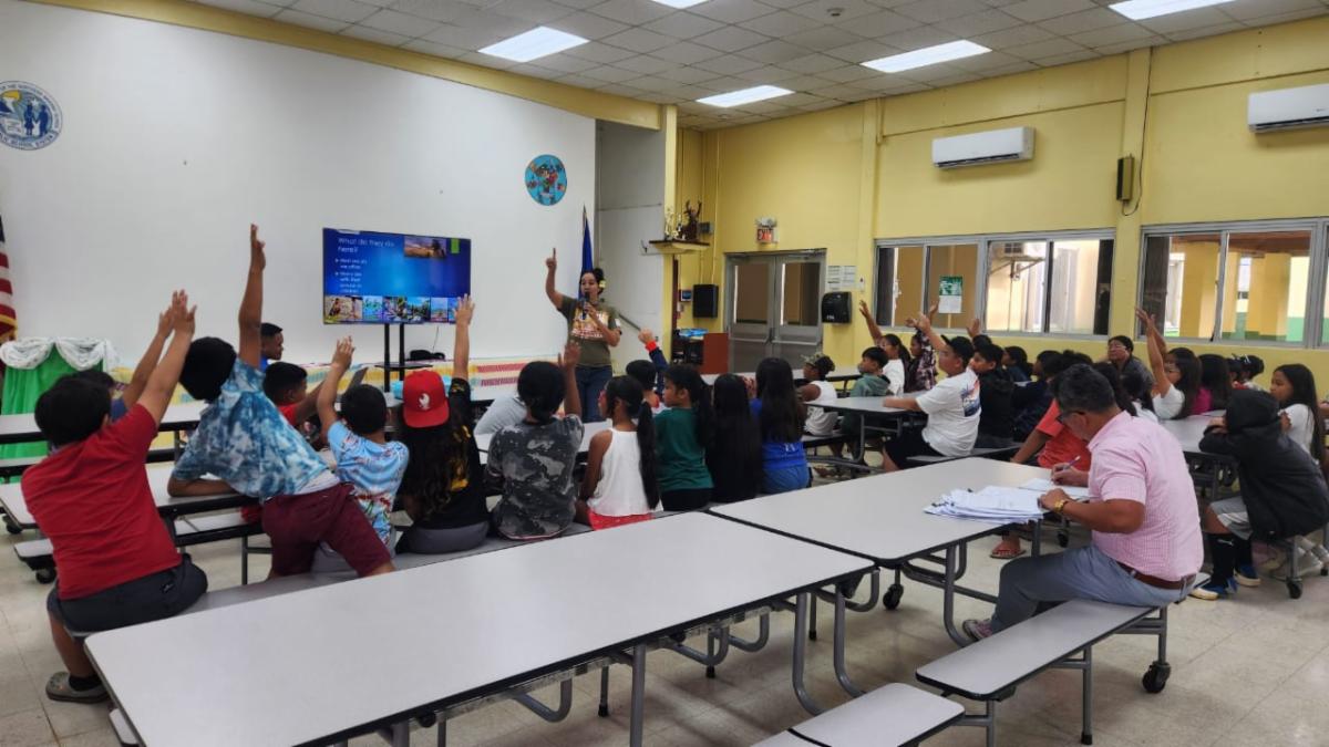Students at Gregorio T. Camacho Elementary School participate in a presentation about tourism by the Marianas Tourism Education Council and the Marianas Visitors Authority on Dec. 18, 2024, at the school in San Roque, Saipan.