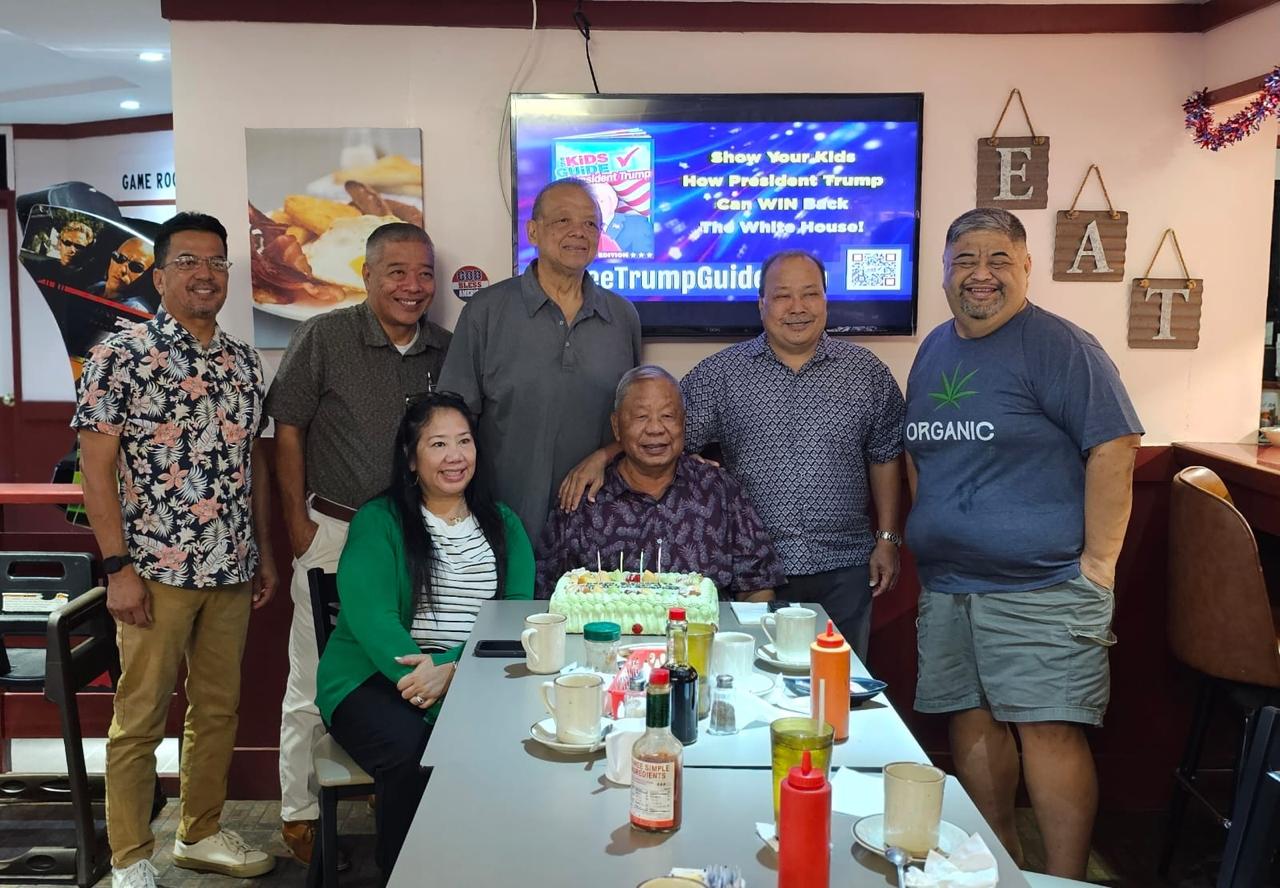 Bureau of Environmental and Coastal Quality Administrator Eliceo Diaz Cabrera, standing, 3rd left, attends a celebration of Lt. Gov. David M. Apatang’s birthday on July 10, 2024, at J's Restaurant in Gualo Rai. Also in photo are Department of Public Works Secretary Ray N. Yumul, left, then-Special Assistant for Military Affairs Danny Aquino, second left, Apatang’s staff member George Camacho, second right, former Rep. Claudio Norita, right, and Rotary Club of Saipan President Joann Aquino, seated next to Apatang.Contributed photo