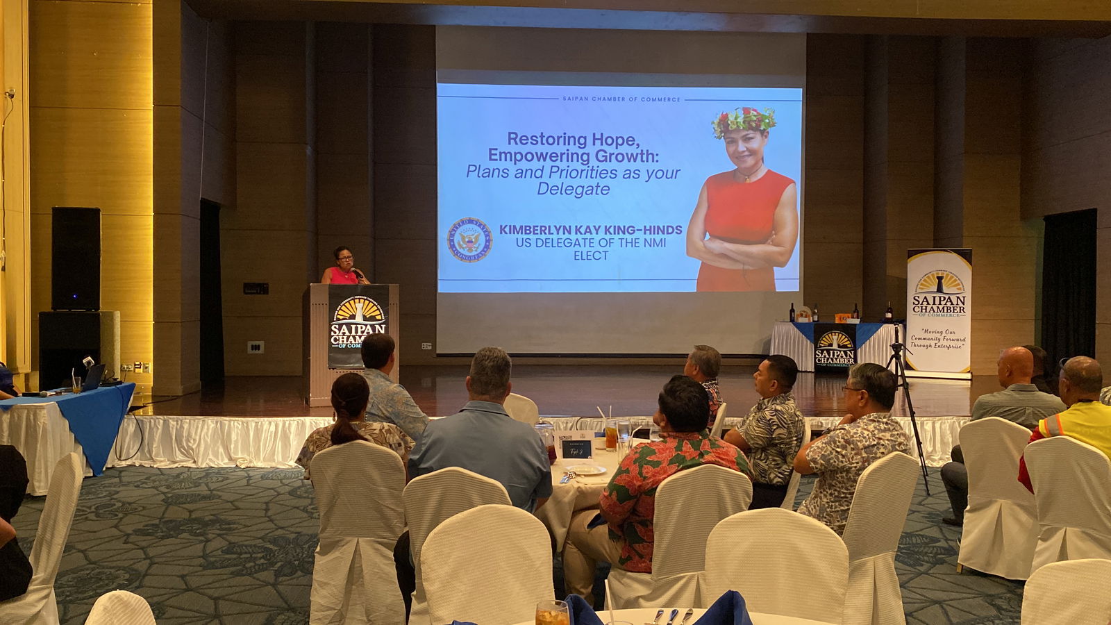 Delegate-elect Kimberlyn King-Hinds speaks to members of the Saipan Chamber of Commerce during its December general membership meeting at Saipan World Resort on Wednesday, Dec. 4, 2024.