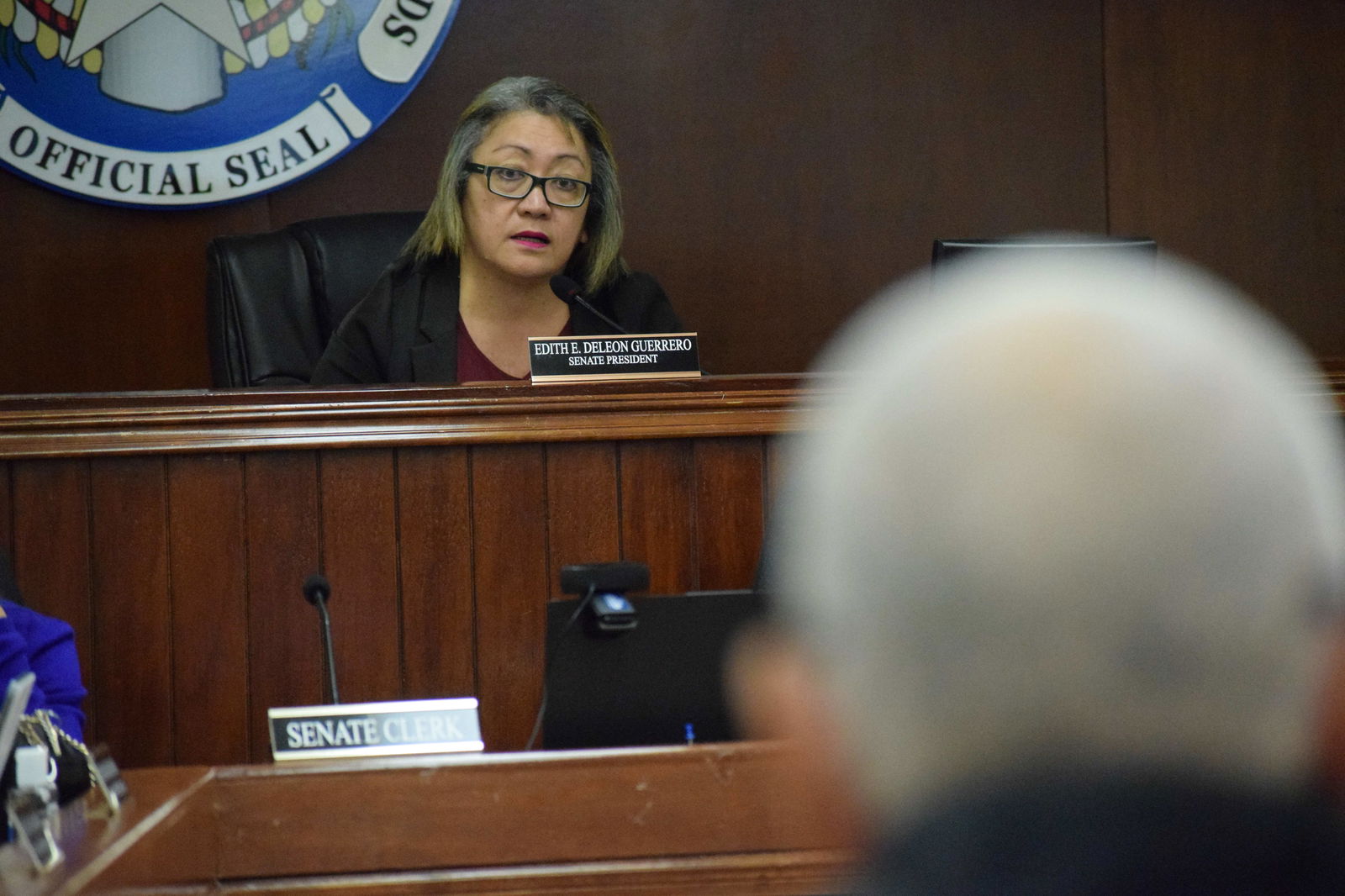Senate President Edith Deleon Guerrero asks Senate fiscal analyst Dave Demapan a question during a Senate session on Wednesday.