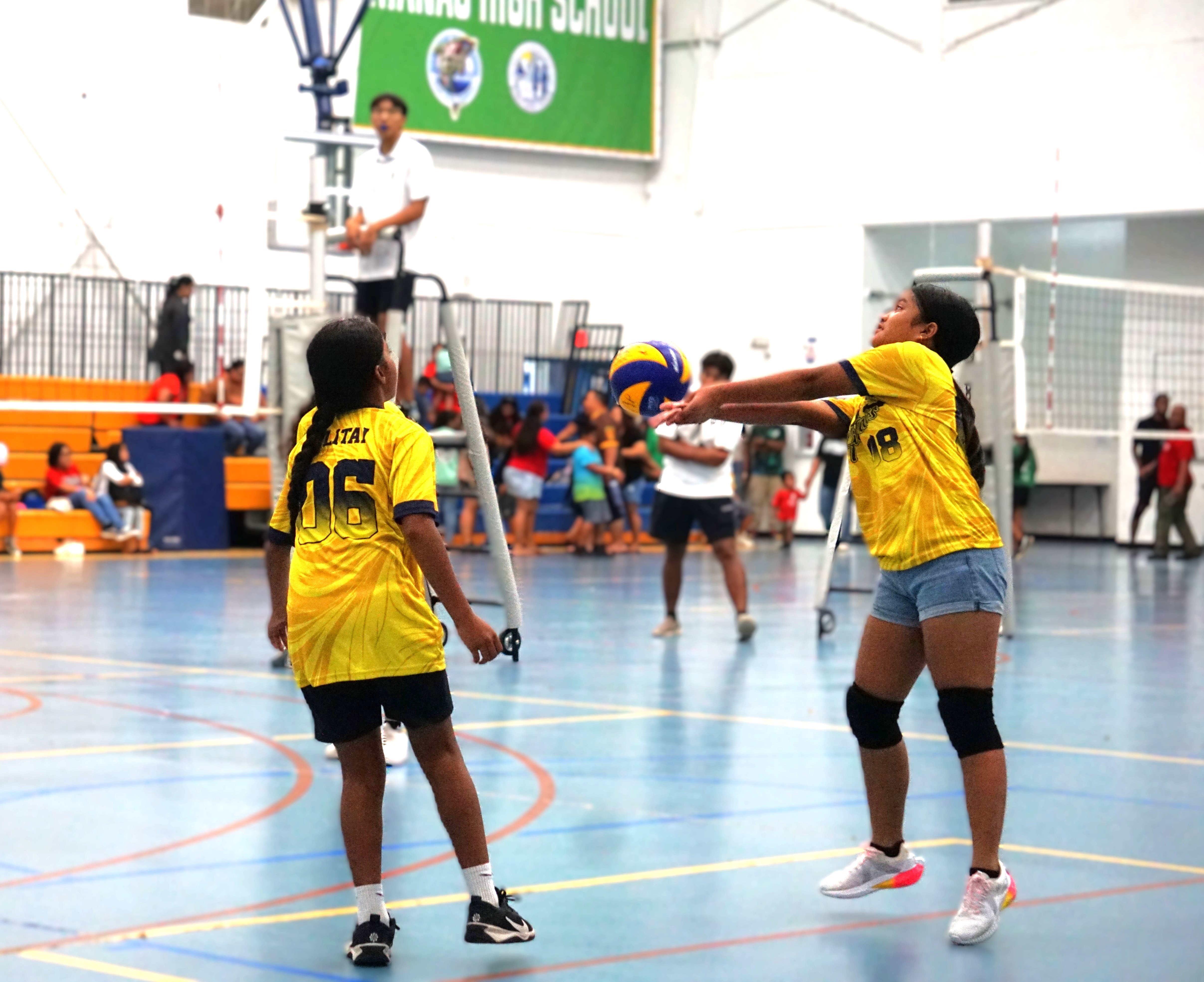 A Hopwood Middle School II player extends to save the possession during a game against Mount Carmel School II in the girls middle school division of the PSS-NMIVA Interscholastic Volleyball League SY24-25 at the Marianas High School gym.