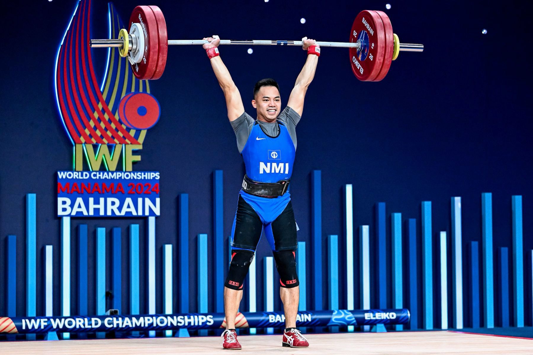 Leowell Cristobal smiles after a successful clean & jerk lift attempt in the 67kg weight class of the 2024 International Weightlifting Federation World Championship in Manama, Bahrain on Saturday.