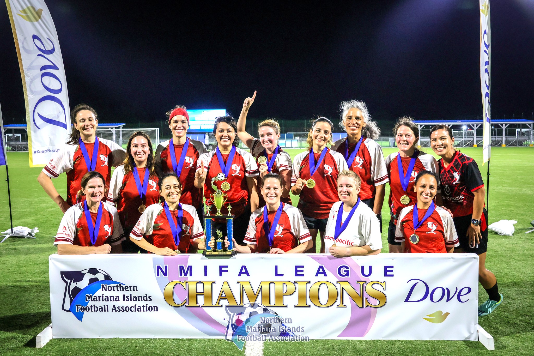 The Paire Football Club members pose with the masters division championship trophy of the Dove Women's League Fall 2024 at the NMI Soccer Training Center in Koblerville on Sunday.