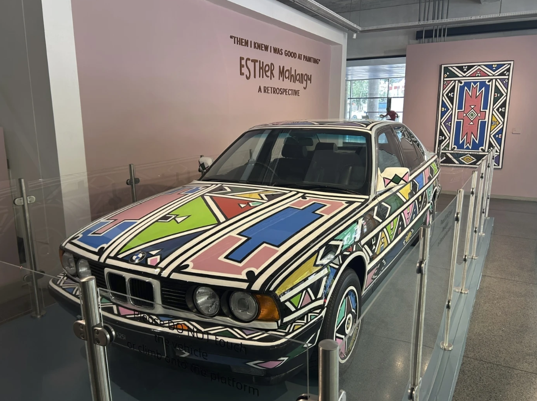 Renowned South African artist Esther Mahlangu’s iconic BMW 525i is displayed at the Wits Arts Museum in Johannesburg, South Africa, Dec. 10, 2024.