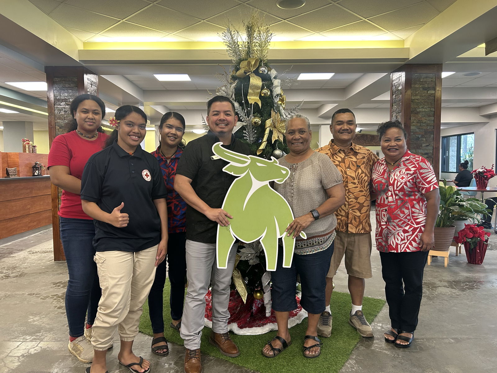 From left, Myra Mayer; Ibuuch Kumaichi; Zoe Leemansky, all volunteers with Palau Red Cross Society; Brandon Cruz, Vice President, Palau Branch Manager, Bank of Guam; Hilda Reklai, Board Member; Jay Olegeriil, Board Member; J. Maireng Sengebau, Executive Director, all from Palau Red Cross Society.