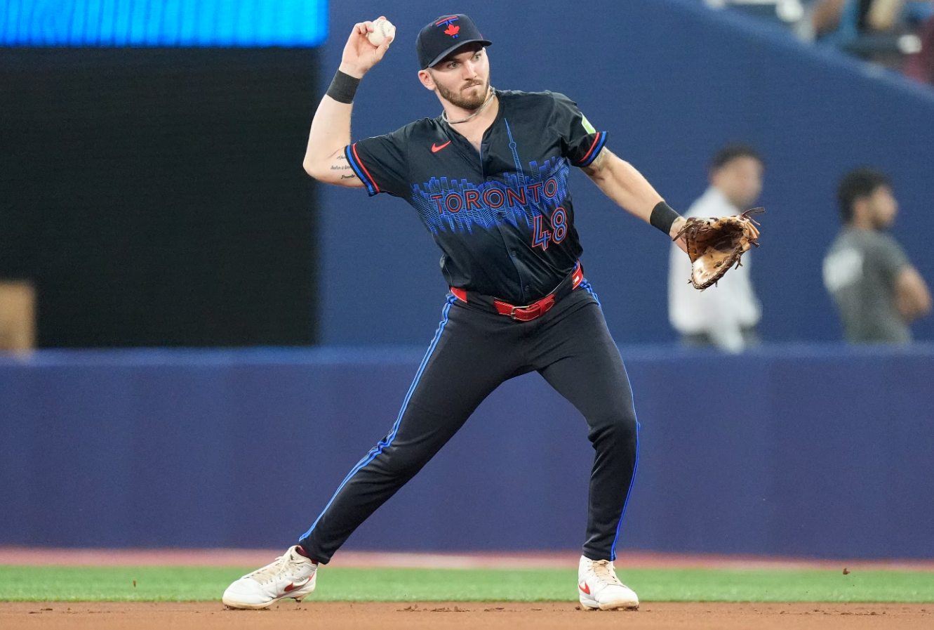 Toronto Blue Jays first baseman Spencer Horwitz (48) throws to starting pitcher Kevin Gausman (not pictured) to get out St. Louis Cardinals shortstop Masyn Winn (not pictured) at first base during the second inning at Rogers Centre in Toronto, Ontario, Dec. 11, 2024.