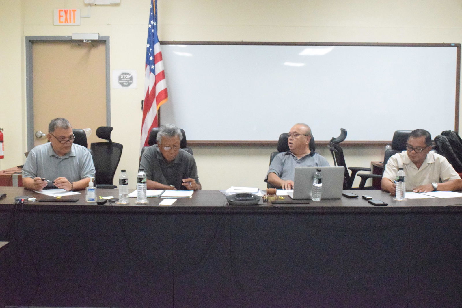 Commonwealth Casino Commission Chair Edward C. Deleon Guererro, second right, speaks as Commissioner Thomas A. Manglona, left, Commissioner Mario Taitano, second left, and Vice Chair Ralph S. Demapan listen during a meeting on Friday in the CCC conference room at Springs Plaza in Gualo Rai.