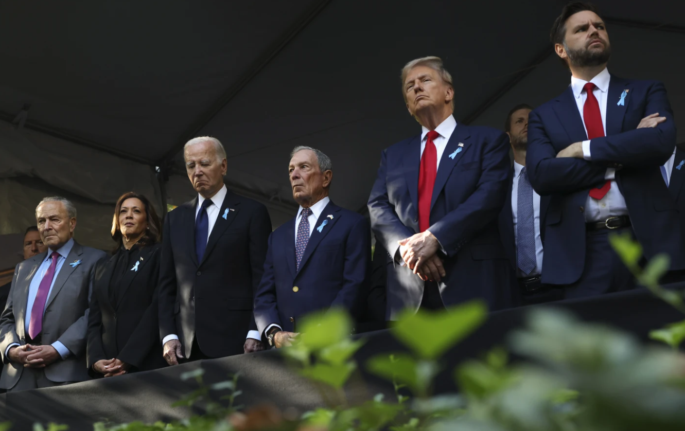 From left, Senate Majority Leader Chuck Schumer, D-NY, Vice President Kamala Harris, President Joe Biden, former New York Mayor Michael Bloomberg, former President Donald Trump and Sen. J.D. Vance, R-Ohio, attend the 9/11 Memorial ceremony on Sept. 11, 2024 in New York.