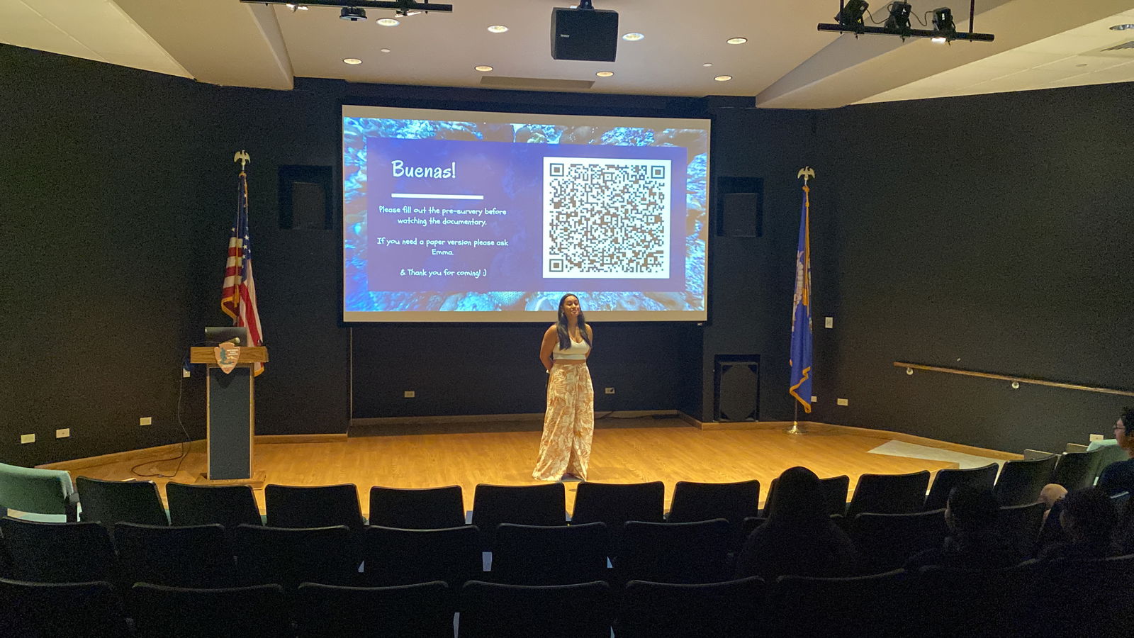 Emma Chong, Northern Marianas College student, talks about her ocean conservation documentary, which premiered at the American Memorial Park theater on Friday, Dec. 13.