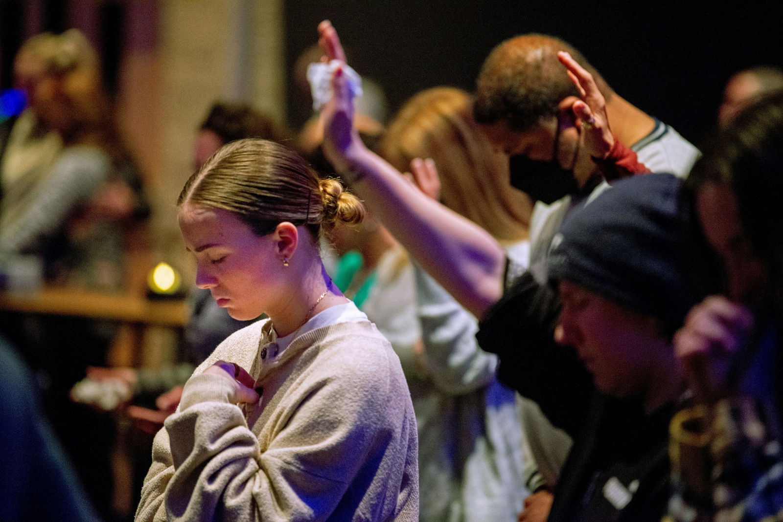 Worshipers at Blackhawk Church gather to pray for victims and survivors of a shooting at Madison's Abundant Life Christian School, in Middleton, Wisconsin, Dec. 16, 2024.