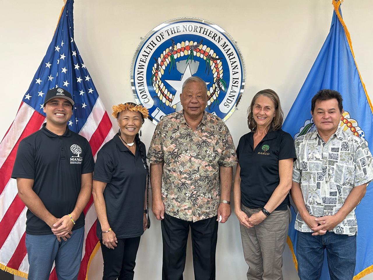 From left, Franco Santos of MANGO, Frances Sablan of MANGO, Lt. Gov. David M. Apatang, Laurie Peterka of MANGO and Henry Hofschneider, special assistant to the lt. governor.