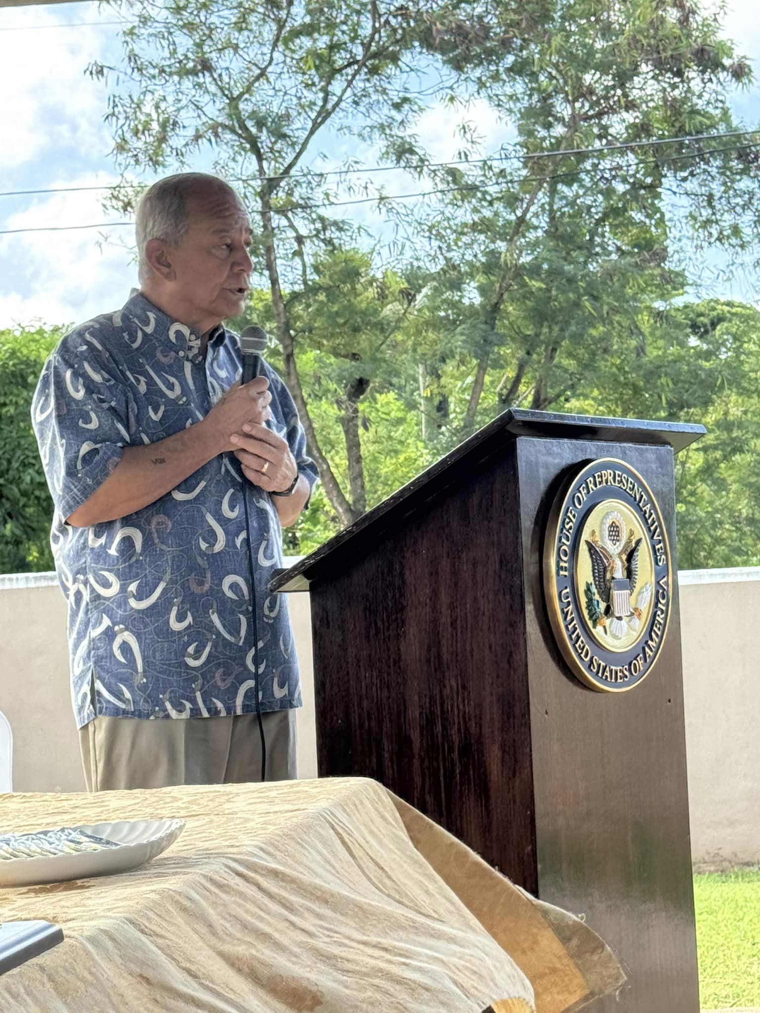 U.S. Congressman Gregorio Kilili Camacho Sablan speaks during a town hall meeting at the NMI Museum in Garapan on Wednesday. Nov. 27, 2024.