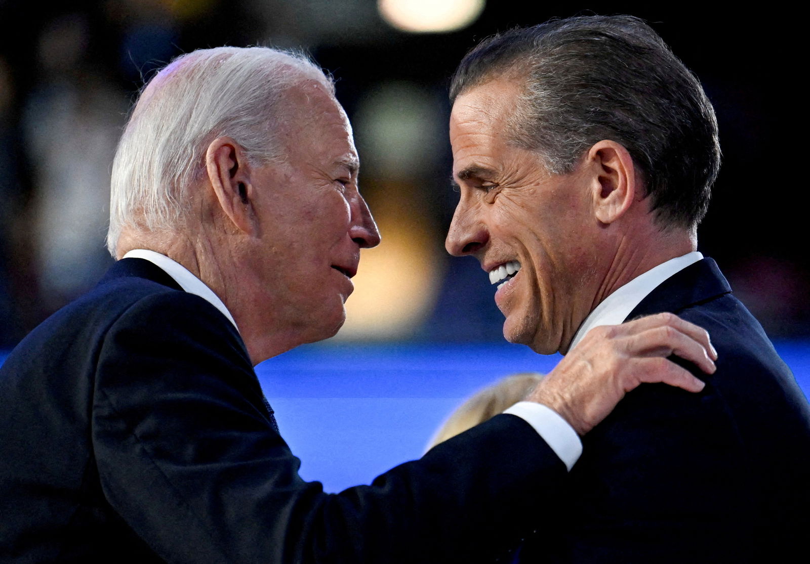 President Joe Biden greets his son Hunter Biden at the Democratic National Convention in Chicago, Illinois, Aug. 19, 2024.
