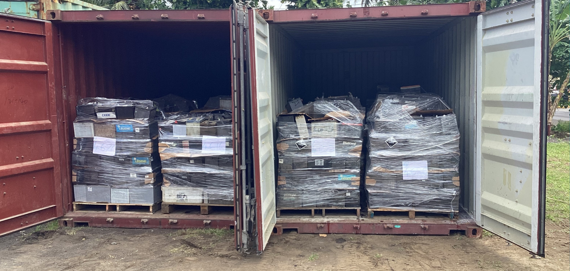 Loaded pallets of lead-acid batteries in American Samoa ready for off-island recycling.