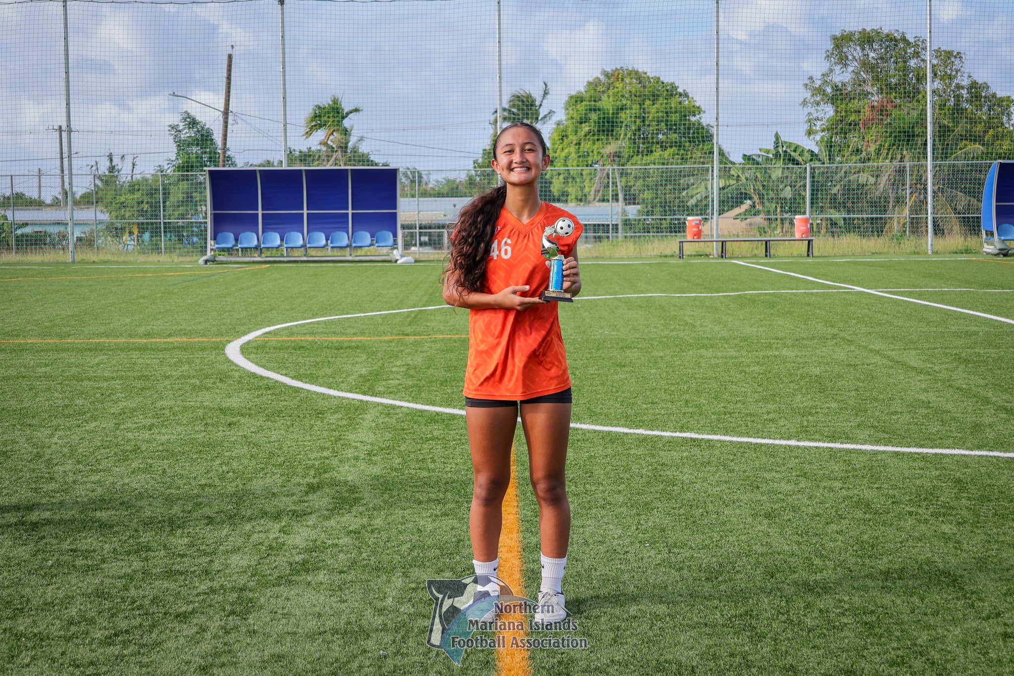Kanoa FC's Beatrice Gross poses with the Golden Boot Award, which she received on Sunday for scoring 15 goals throughout the U14 girls division of the TakeCare Youth Soccer League Fall 2024 at the NMI Soccer Training Center.