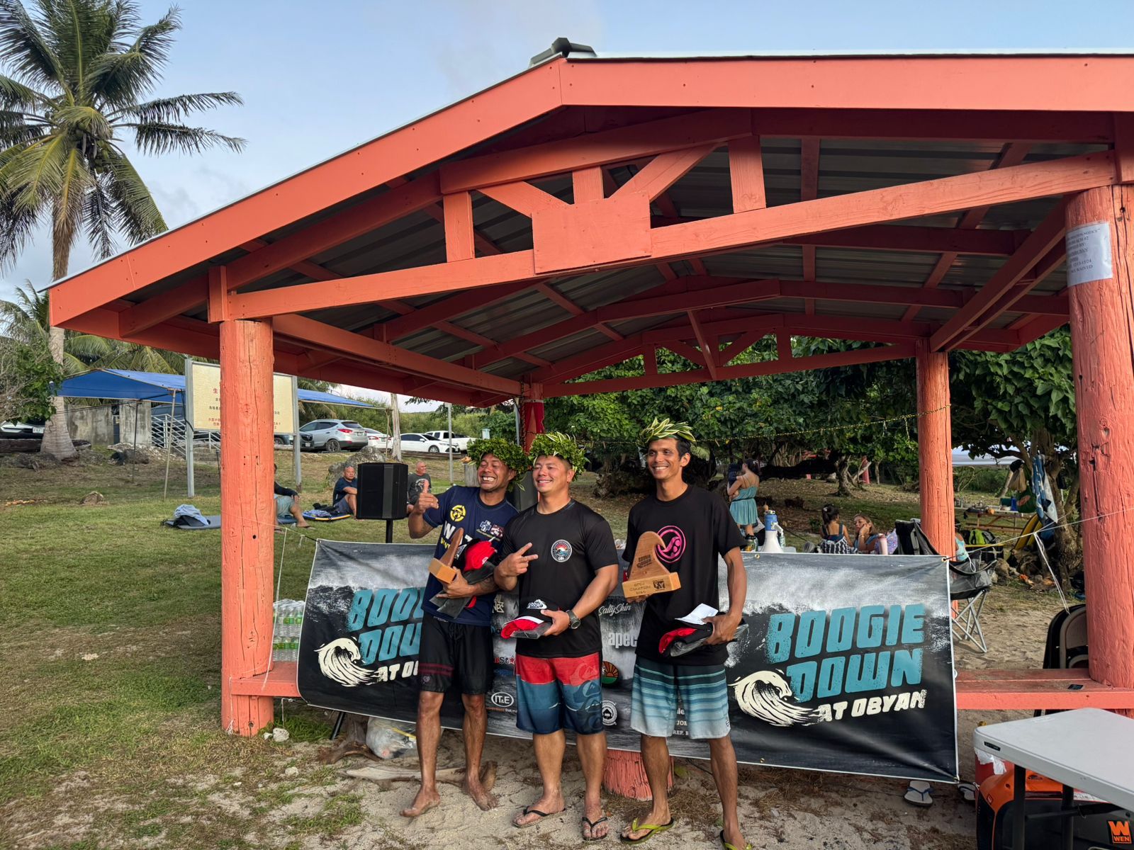 From left, BJ Rolinski, Carl Dela Cruz and John Barber are the top three winners in the open division of the Marianas Surf Skate League’s 3rd annual Boogie Down at Obyan at Obyan Beach on Saturday.