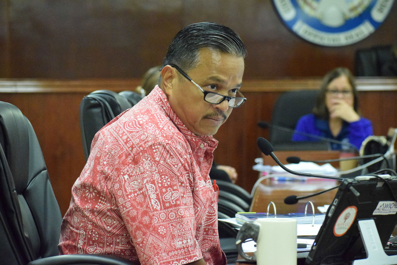 Sen. Jude Hofschneider listens to Senate fiscal analyst Dave Demapan — not in photo — during a Senate session on Wednesday.
