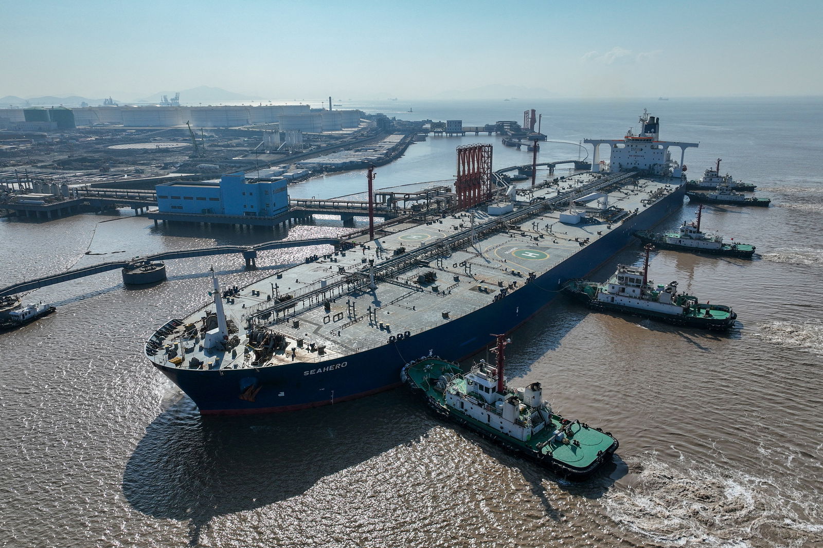 An aerial view shows a crude oil tanker at an oil terminal off Waidiao island in Zhoushan, Zhejiang province, China, Jan. 4, 2023.