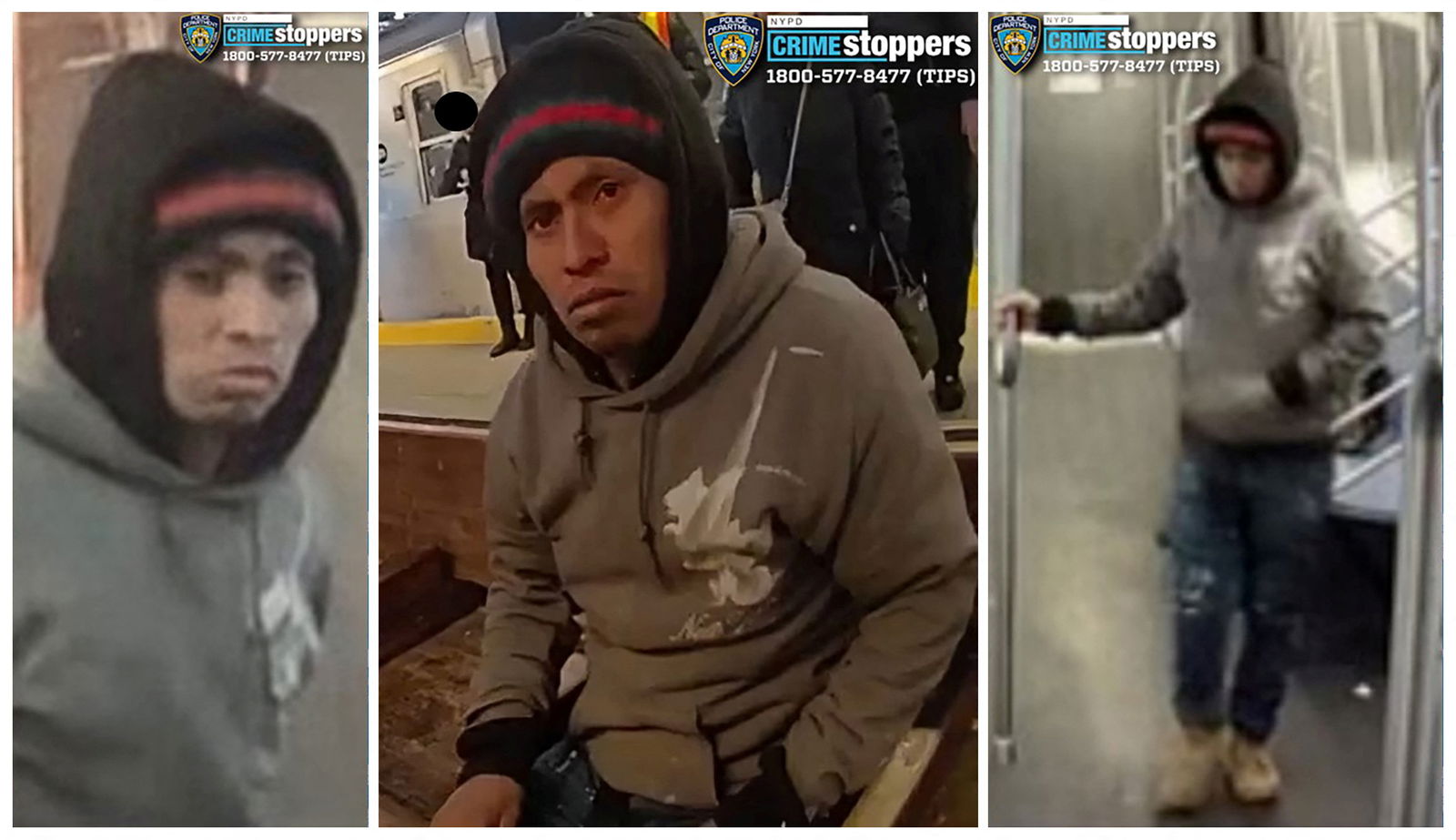 A man wanted for questioning by the New York Police Department, in connection with the death of a woman who was set on fire while she was sleeping on a stationary subway train, is seen in a combination of still images from surveillance video in New York City, Dec. 22, 2024.