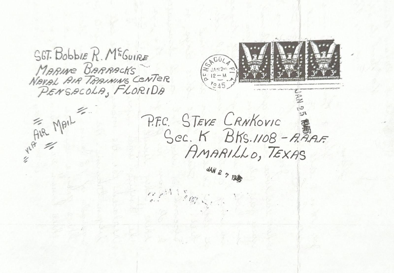 Image of envelope from Bobbie McGuire, postmarked January 25, 1945.