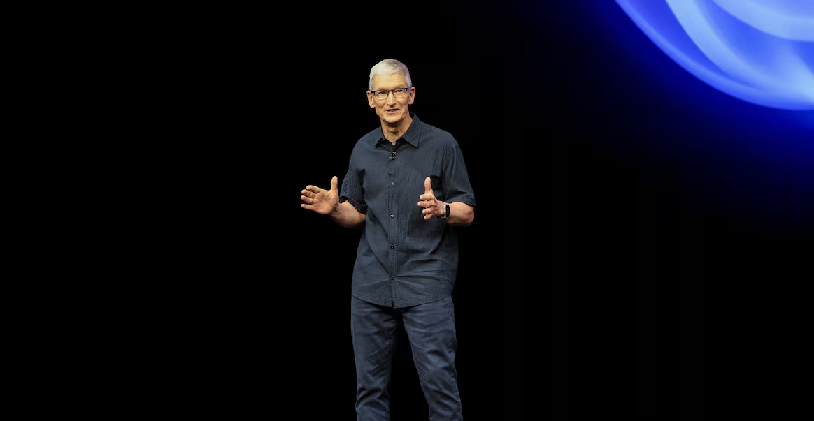 CEO of Apple Tim Cook gives a presentation at the Steve Jobs Theater on its campus in Cupertino, California, Sept. 9, 2024.