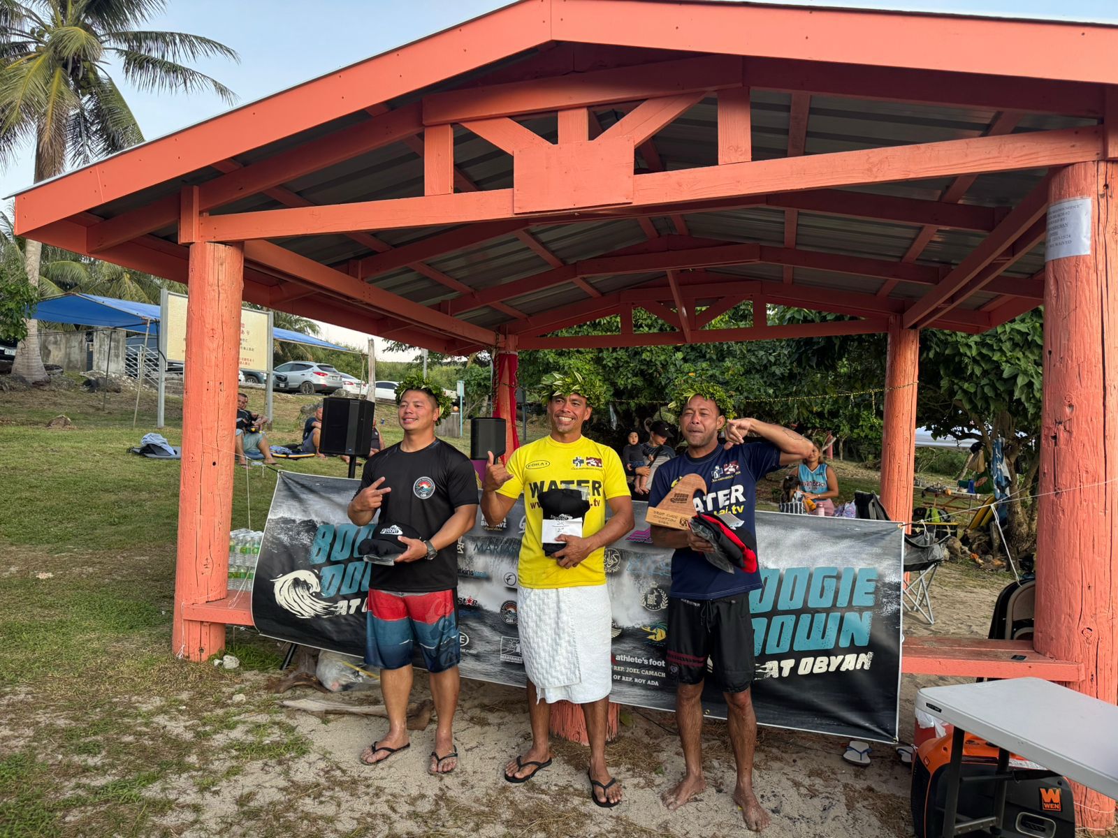 From left, Carl Dela Cruz, Jonathan Leon Guerrero and BJ Rolinski are the top three winners in the drop knee division of the Marianas Surf Skate League’s 3rd annual Boogie Down at Obyan at Obyan Beach on Saturday.