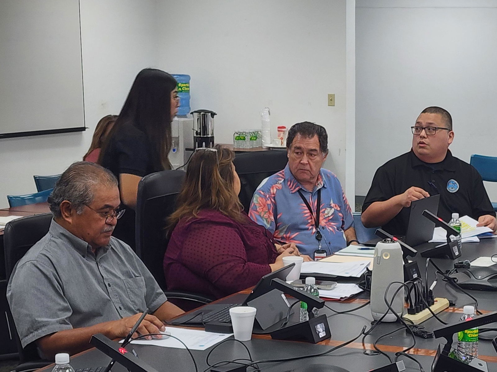 From left, seated, Commonwealth Utilities Corp. Board Member Francisco Rabauliman, Chief Financial Officer Betty Terlaje, Executive Director Kevin Watson and HR Manager Frank Matsunaga participate in a special board meeting on Thursday morning.