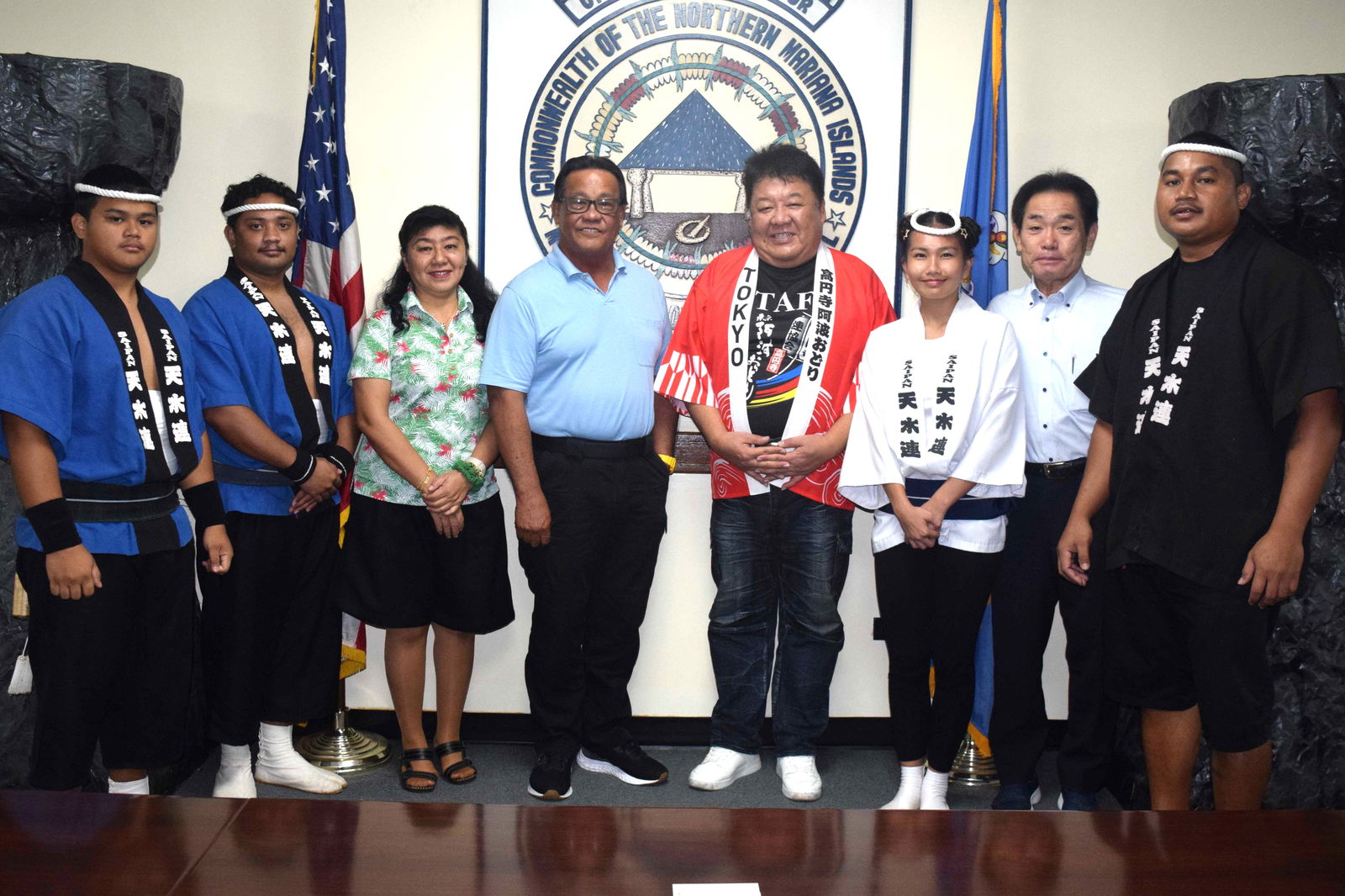 Saipan Mayor Ramon Blas “RB” Camacho, fourth left, with Tokyo Koenji Awaodori Director Kiyotaka Shimada, fourth right, Saipan Awaodori co-founder Misako Kamata, third left, Paseo De Marianas Promoters Inc. Director Hideaki Sawada, second right, and members of the Saipan Awaodori Team on Friday.Photo by Emmanuel T. Erediano