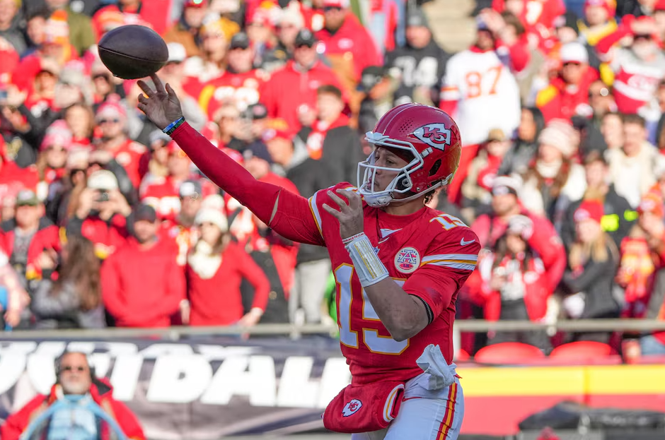 Kansas City Chiefs quarterback Patrick Mahomes (15) throws a pass against the Las Vegas Raiders during the first half at GEHA Field at Arrowhead Stadium in Kansas City, Missouri, Nov. 29, 2024.